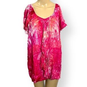 Handcrafted tie dye blouse ruffle front rayon oversized L/XL pink fuchsia